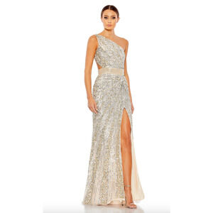 MAC DUGGAL Dress Size 2 Evening Gown Sequin NEW One Shoulder Beaded Silver Gold